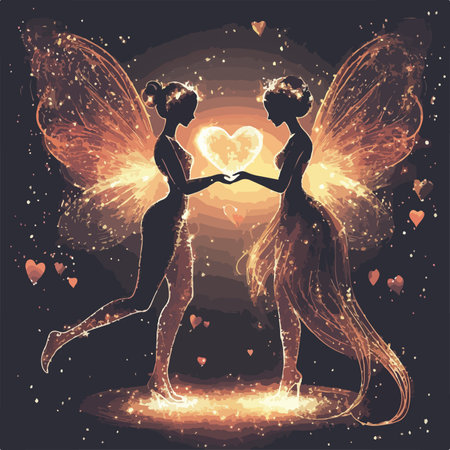 Beautiful couple of fairy with wings and hearts on the background.のイラスト素材