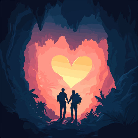 Silhouette of a loving couple on the background of the cave. Vector illustrationのイラスト素材