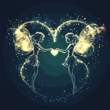 Two beautiful fairy girls holding heart shape. Vector illustration on dark background.のイラスト素材