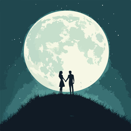 Silhouette of a loving couple at the moon. Vector illustrationのイラスト素材