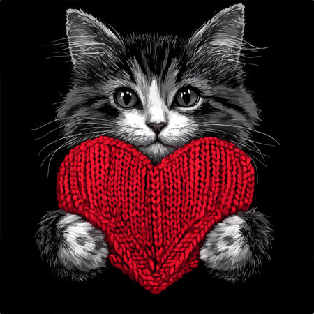 Cute kitten with red knitted heart on black background. Vector illustration.のイラスト素材