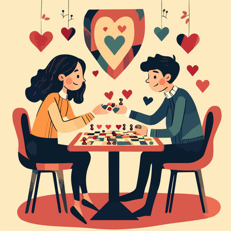 Couple in love playing chess. Vector illustration in flat style.のイラスト素材