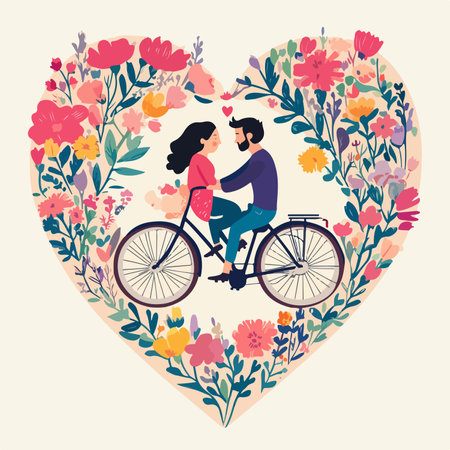 Couple riding a bicycle in a heart shaped floral frame. Vector illustration.のイラスト素材