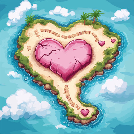 Heart shaped island on the sea illustration. Colorful cartoon style.のイラスト素材