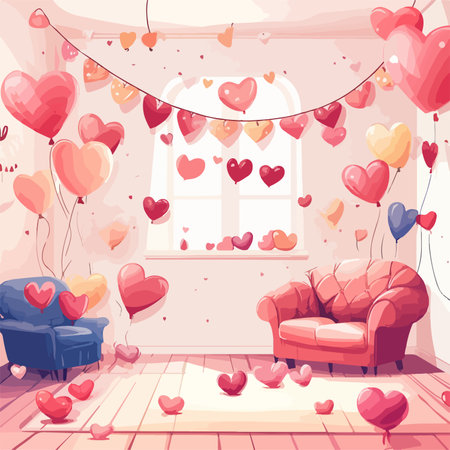 Valentine's day interior with red sofa and heart-shaped balloons. Vector illustrationのイラスト素材