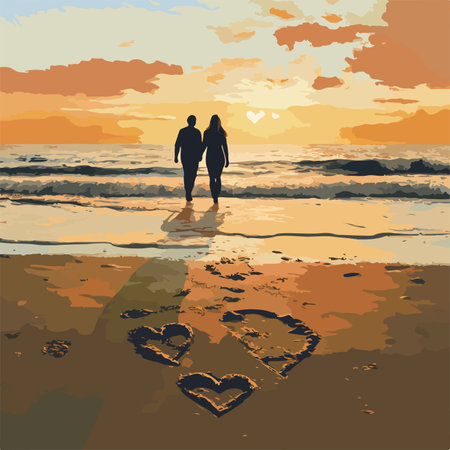 Romantic couple on the beach at sunset. Vector illustration for your designのイラスト素材