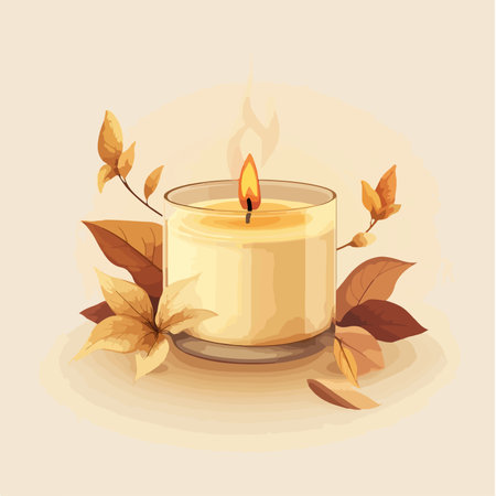 Candle with autumn leaves. Vector illustration on beige background.のイラスト素材