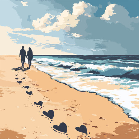 Lovely couple walking on the beach. Vector illustration in retro styleのイラスト素材