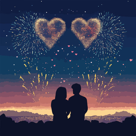 couple in love on the background of the night sky with fireworks