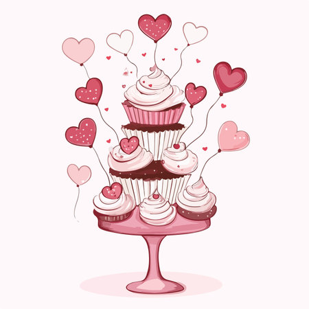 Illustration of a cupcake with hearts and balloons on a standのイラスト素材