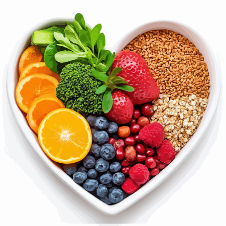 Healthy food in heart shaped bowl, isolated on white background.