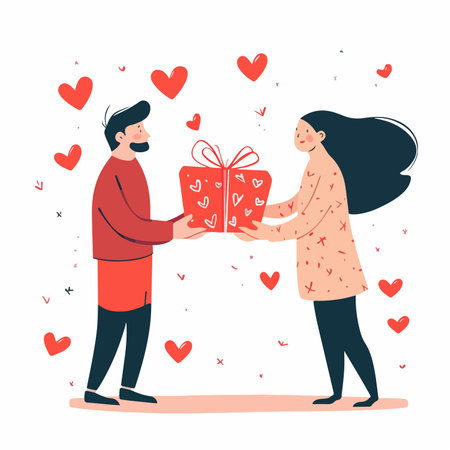 Couple in love holding a gift box. Valentine's day. Vector illustration.のイラスト素材