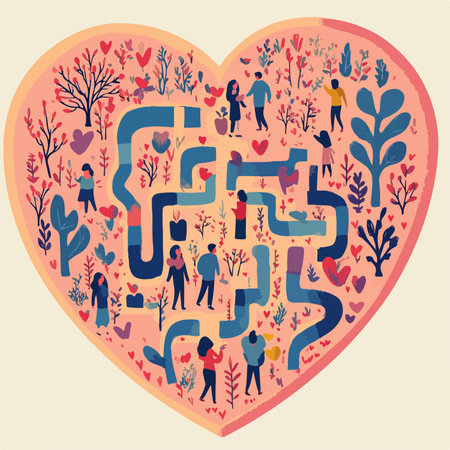 Valentine's day card with maze and people. Vector illustrationのイラスト素材