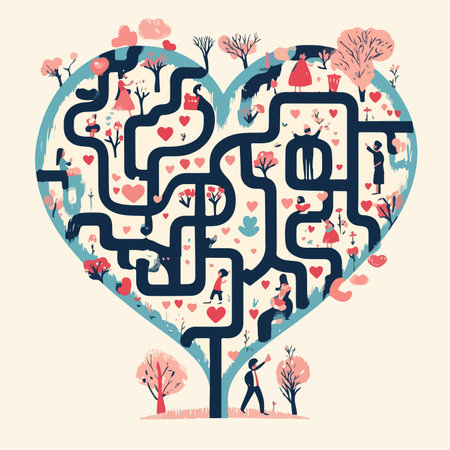Vector illustration of a heart shaped maze with people and trees in the backgroundのイラスト素材