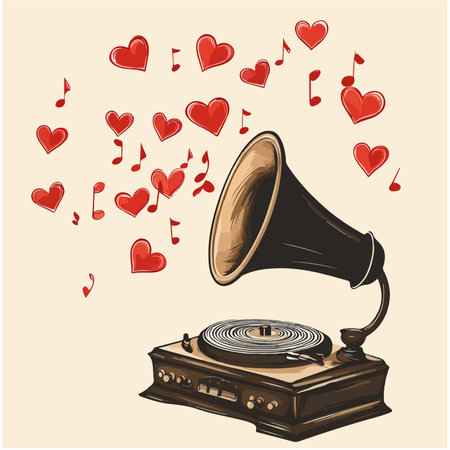 retro gramophone with red hearts on beige background, vector illustrationのイラスト素材