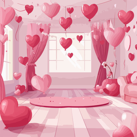Valentine's day room interior with pink heart shaped balloons and window, vector illustrationのイラスト素材