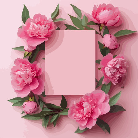 Frame with pink peony flowers on pink background. Vector illustration.のイラスト素材
