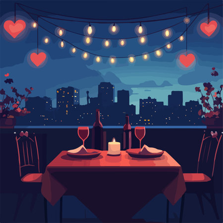 Romantic dinner in the restaurant. Vector illustration in flat style.のイラスト素材