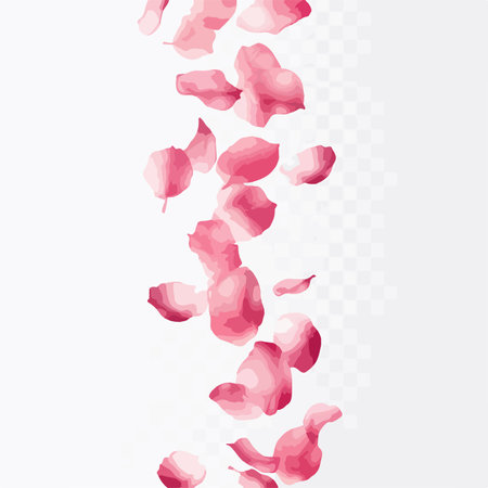 Pink rose petals falling down. Vector illustration isolated on transparent background.のイラスト素材