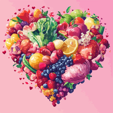 Heart made of fruits and vegetables. Vector illustration for your design.のイラスト素材