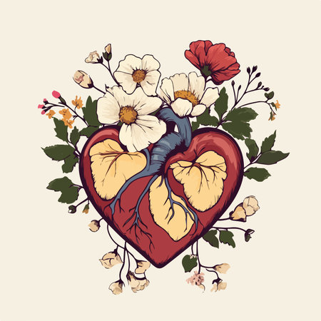 Hand drawn vector illustration of a heart with flowers in vintage style.のイラスト素材