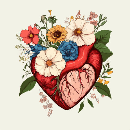 Vector heart with flowers and leaves in vintage style. Hand drawn illustration.のイラスト素材