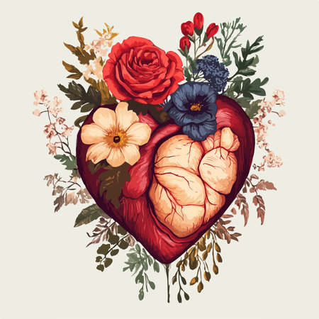 Hand drawn vector illustration of a heart with flowers. Vintage style.のイラスト素材