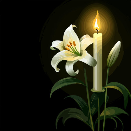 Candle and lily on a black background. Vector illustration.のイラスト素材