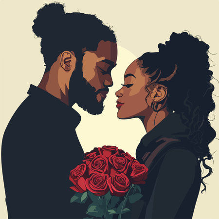 Man and woman with bouquet of red roses. Vector illustration.のイラスト素材