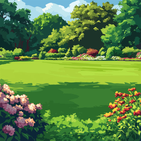 Vector illustration of a beautiful summer park with trees, grass and flowersのイラスト素材