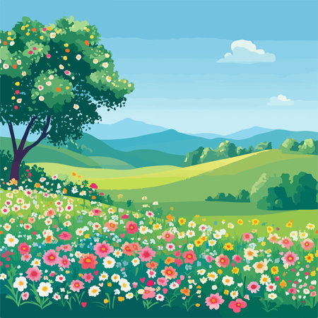 Flower meadow with trees and mountains background. Vector illustration.のイラスト素材