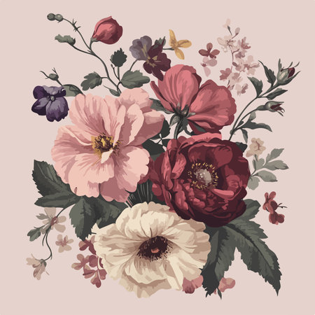 Vintage bouquet of roses and pansies. Hand drawn vector illustration.のイラスト素材