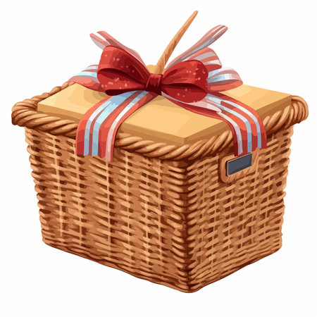 Illustration of a wicker basket with a bow on a white backgroundのイラスト素材