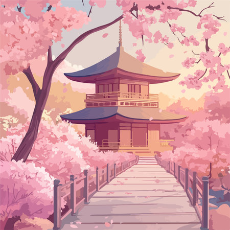 Japanese temple in cherry blossom season. Cherry blossom background. Vector illustrationのイラスト素材