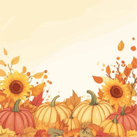 Autumn background with pumpkins and sunflowers. Vector illustration.のイラスト素材