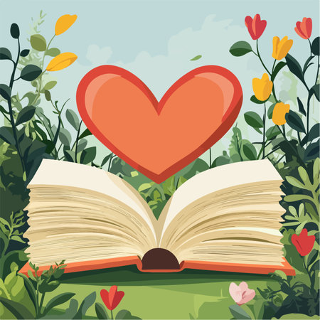 Open book with heart and flowers in the garden. Vector illustration.のイラスト素材