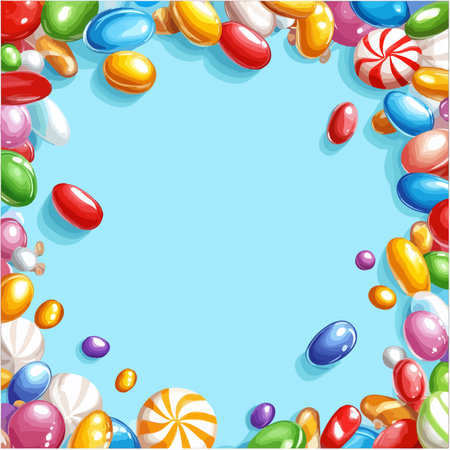 Illustration of a frame with colorful candies on a blue backgroundのイラスト素材