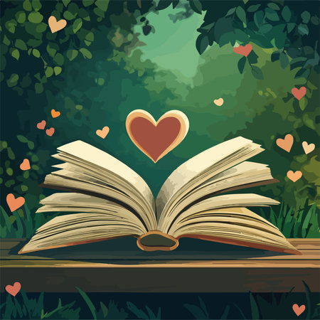 Open book with heart on the background of the forest. Vector illustrationのイラスト素材