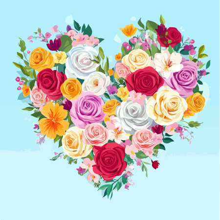 Vector illustration of a heart-shaped bouquet of roses on a blue backgroundのイラスト素材