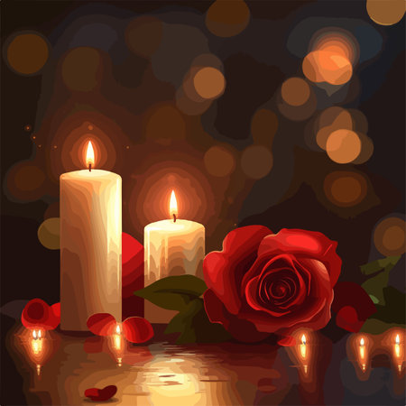 Candles and red rose on a dark background. Vector illustration.のイラスト素材