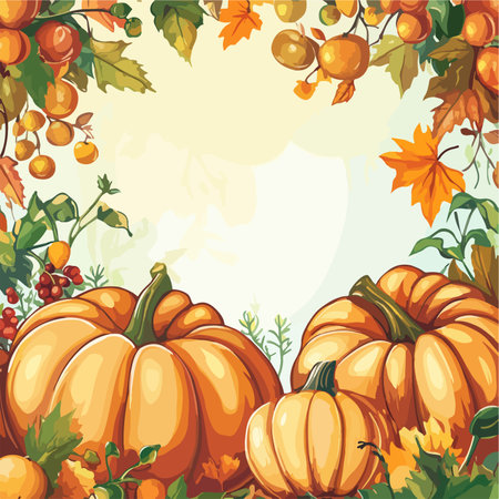 Autumn background with pumpkins, berries and leaves. Vector illustration.のイラスト素材