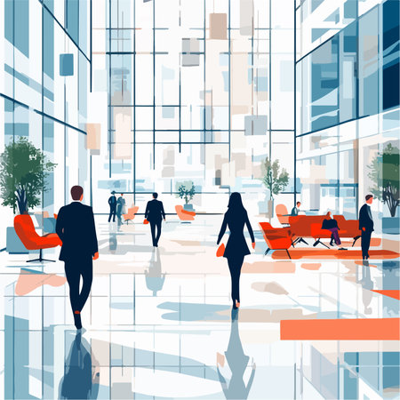 Vector illustration of business people walking in modern office building interior with glass and reflectionsのイラスト素材