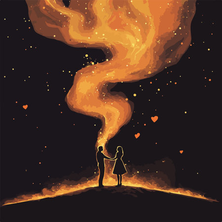 Illustration of a couple kissing on a background of the night skyのイラスト素材