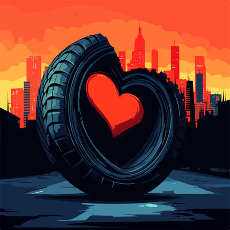 Tire with heart on the background of the city. Vector illustrationのイラスト素材
