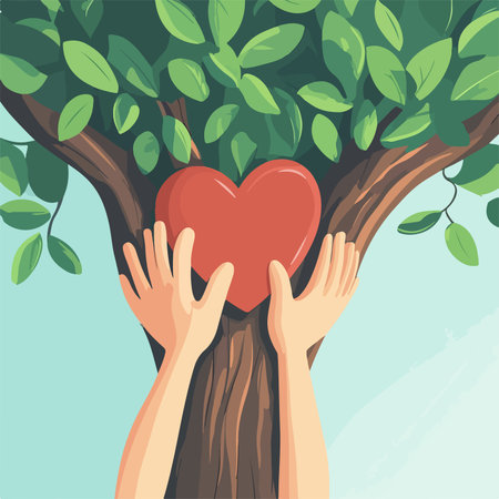 Hands holding heart on tree. Vector illustration. Love concept.のイラスト素材