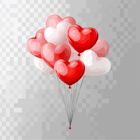 Red and white heart-shaped balloons on transparent background. Vector illustration.のイラスト素材