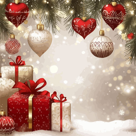 Christmas background with gift boxes and baubles. Vector illustration.のイラスト素材