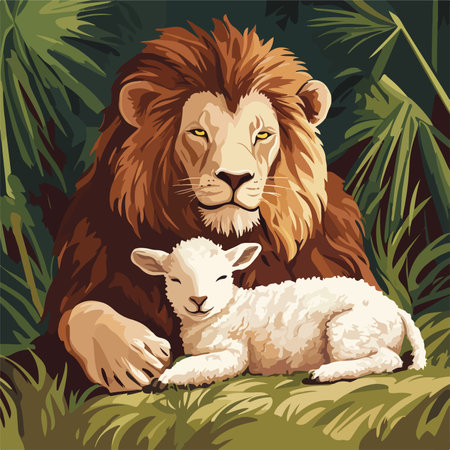 Lion and lamb in the jungle. Vector illustration of animal.のイラスト素材