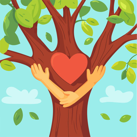 Hands holding heart on a tree. Vector illustration in cartoon styleのイラスト素材
