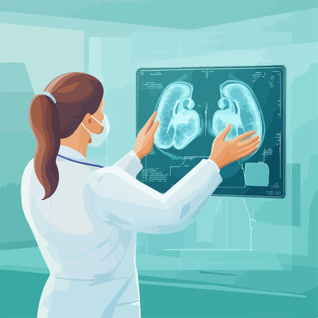 Female doctor looking at x-ray image of lungs. Vector illustrationのイラスト素材